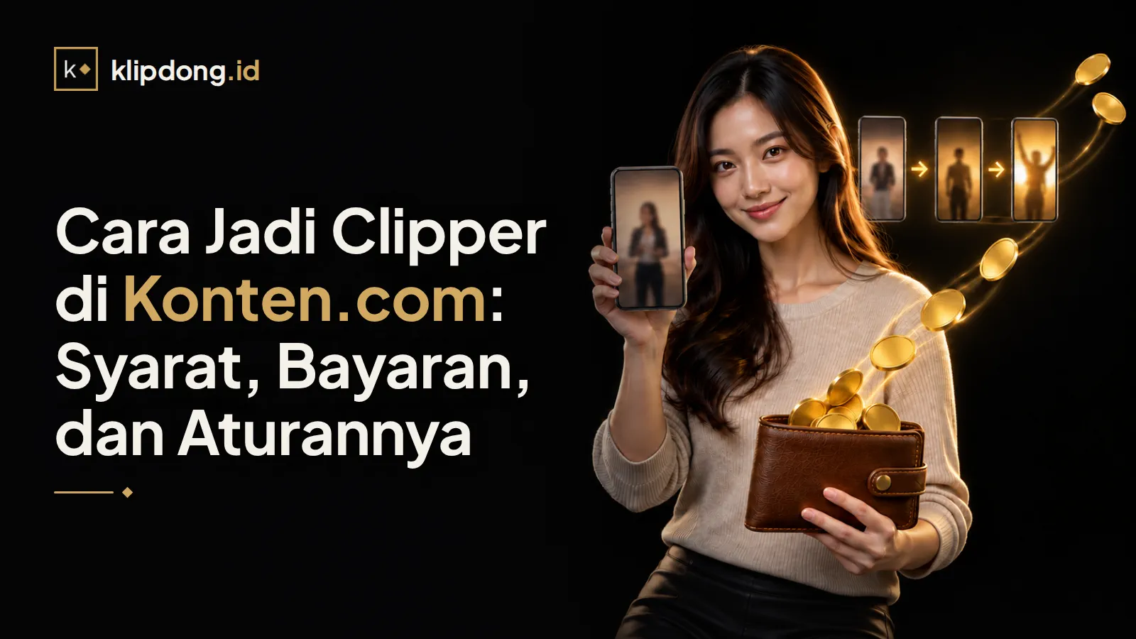 Perempuan memegang ponsel berisi video, tumpukan koin emas terpotong sebagian dan sisanya masuk dompet, dengan tiga ponsel bersinar di belakang