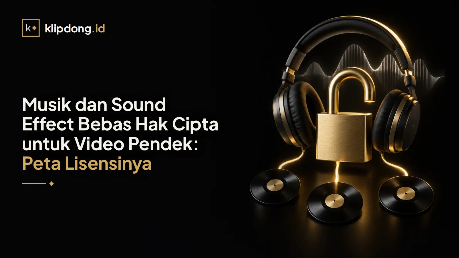 Headphone di atas gembok emas terbuka dikelilingi tiga piringan hitam polos yang terhubung ke jalur emas, dengan gelombang audio halus