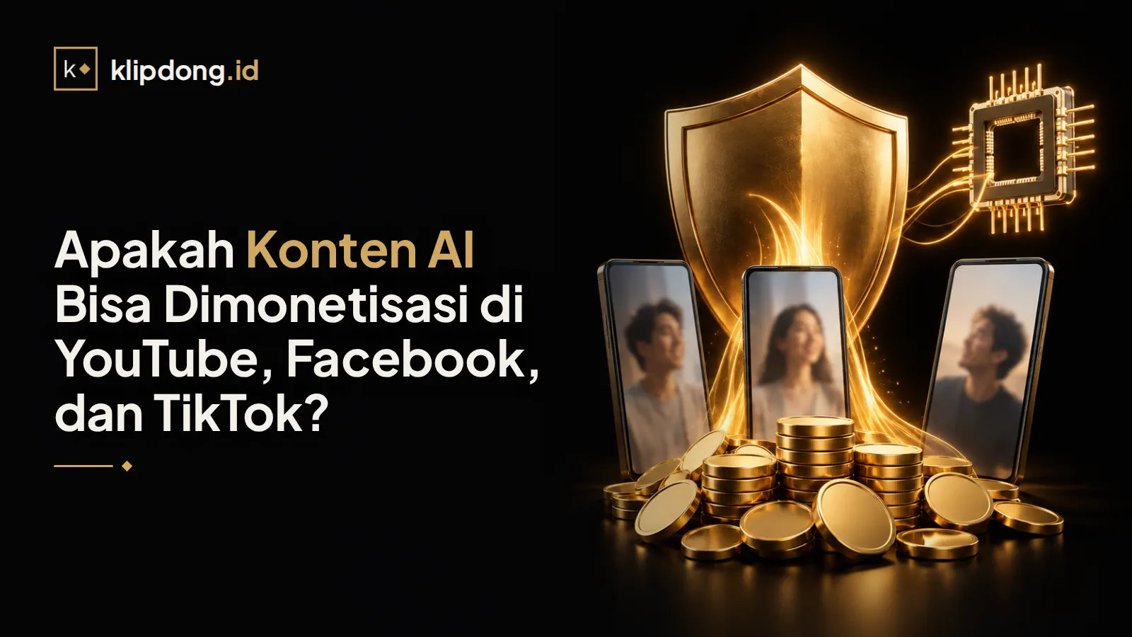 Perisai emas dikelilingi tiga ponsel berisi siluet orang, dengan aliran cahaya emas menuju tumpukan koin polos dan chip AI abstrak