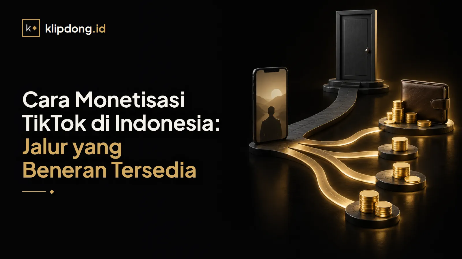Ponsel dengan video vertikal polos, satu pintu tertutup dan empat jalur emas bercabang menuju dompet kulit dan koin polos