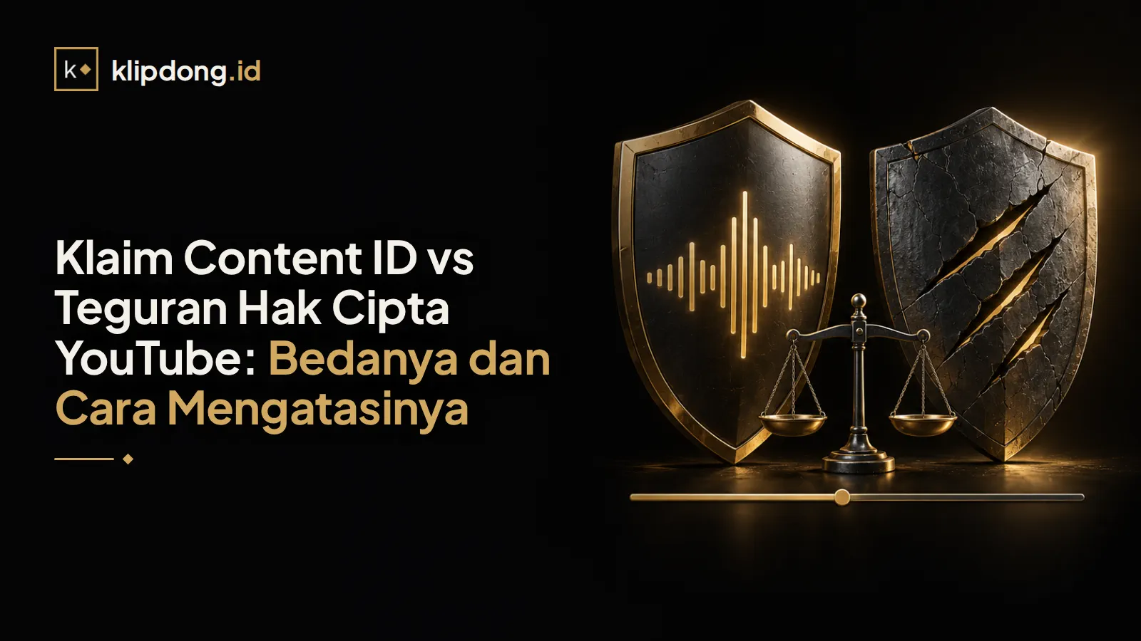 Dua perisai berdampingan, satu berpola gelombang audio emas dan satu retak tiga goresan, dengan timbangan kecil di antaranya