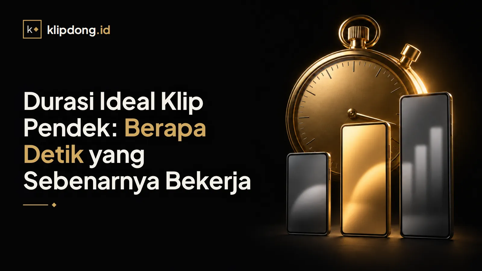 Stopwatch emas tanpa angka di belakang tiga ponsel berbeda tinggi, ponsel tengah menyala emas paling terang