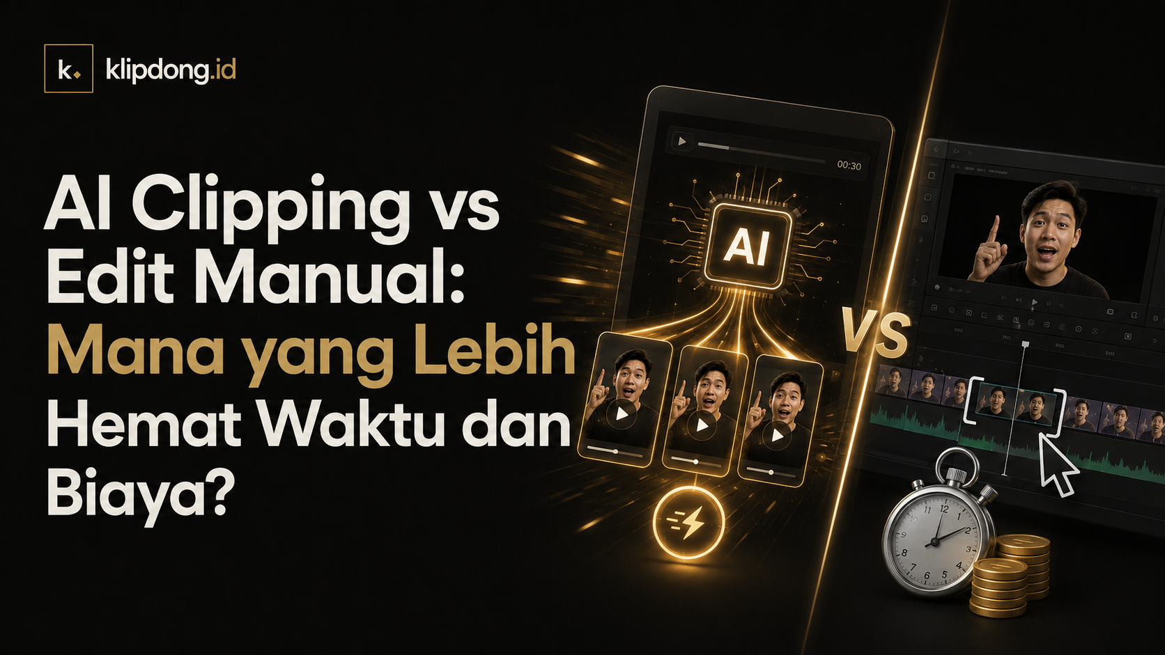 Ilustrasi perbandingan AI clipping otomatis di satu sisi dan editing manual di timeline video di sisi lain, dipisahkan tanda VS