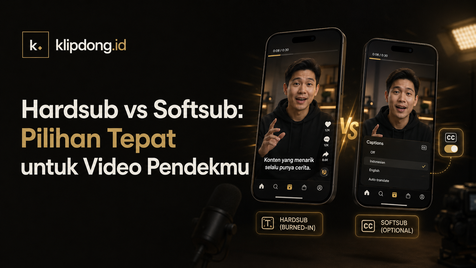 Dua tampilan video pendek berdampingan: satu dengan subtitle terbakar permanen (hardsub), satu dengan menu pengaturan caption yang bisa dimatikan (softsub)