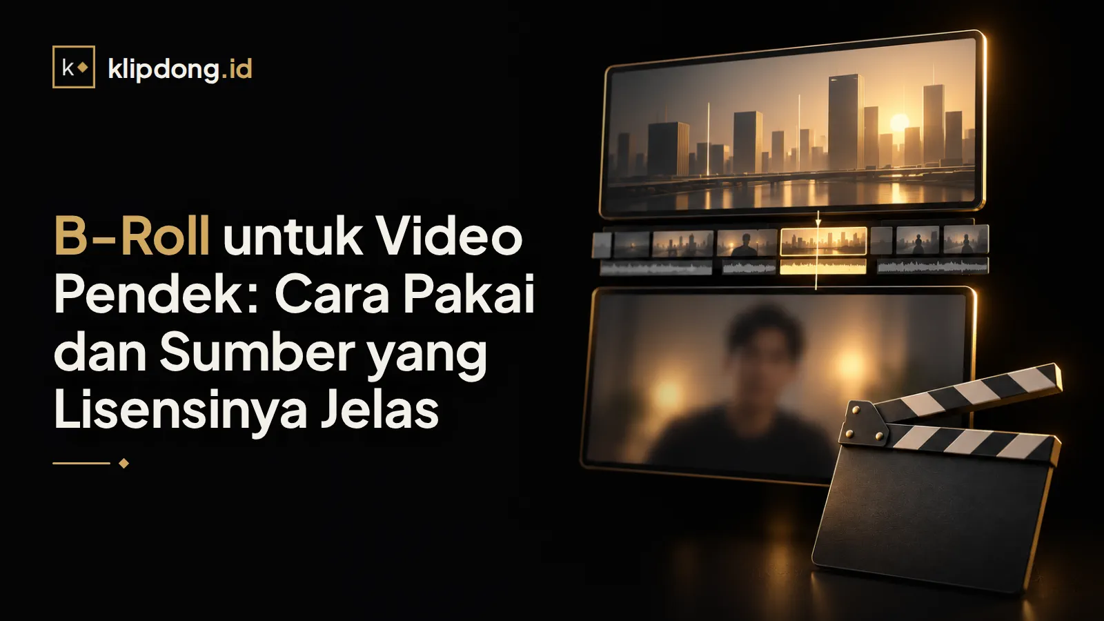 Dua layar bertumpuk, satu siluet orang berbicara dan satu pemandangan abstrak, dengan bar timeline berpotongan emas dan klaker film polos