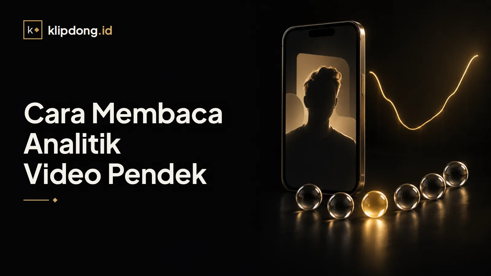 Ponsel dengan siluet orang bicara dan grafik garis retensi emas melayang, dikelilingi enam bola kaca kecil, satu menyala emas