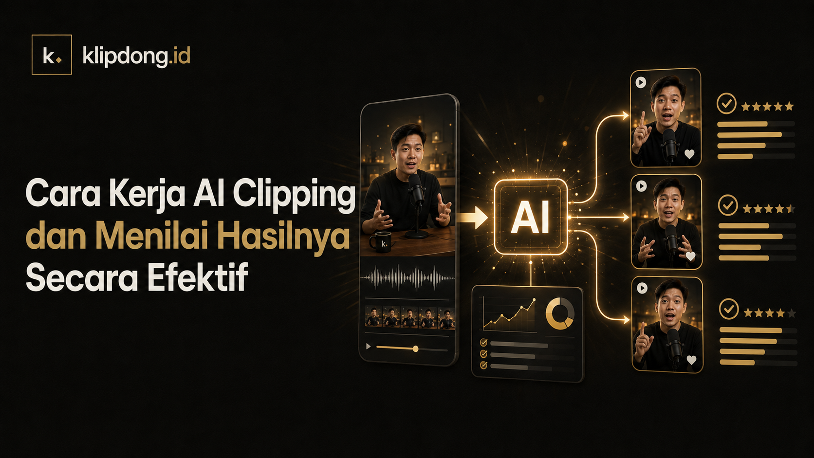 Diagram alur AI mengubah satu video jadi beberapa klip pendek, masing-masing dinilai dengan skor bintang kualitas