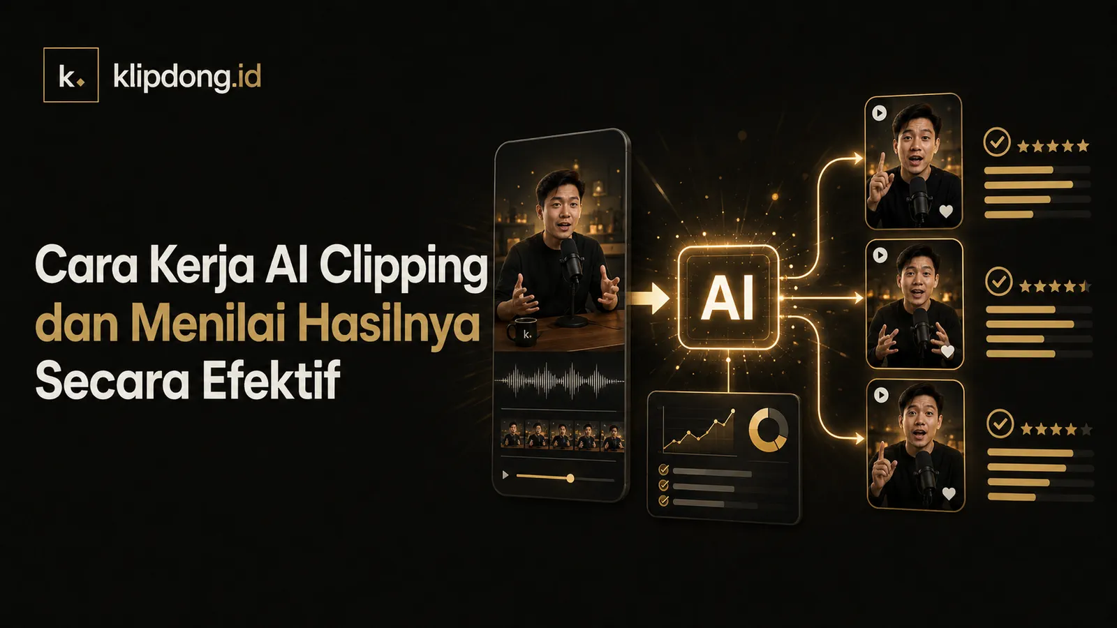 Diagram alur AI mengubah satu video jadi beberapa klip pendek, masing-masing dinilai dengan skor bintang kualitas