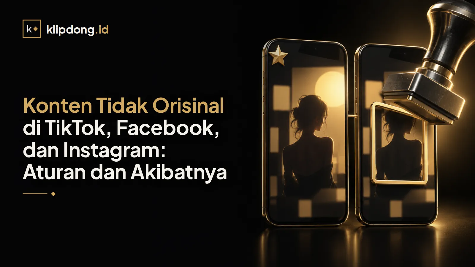 Dua ponsel menampilkan video siluet identik dihubungkan garis emas, dengan stempel logam dan satu bintang emas di salah satu layar