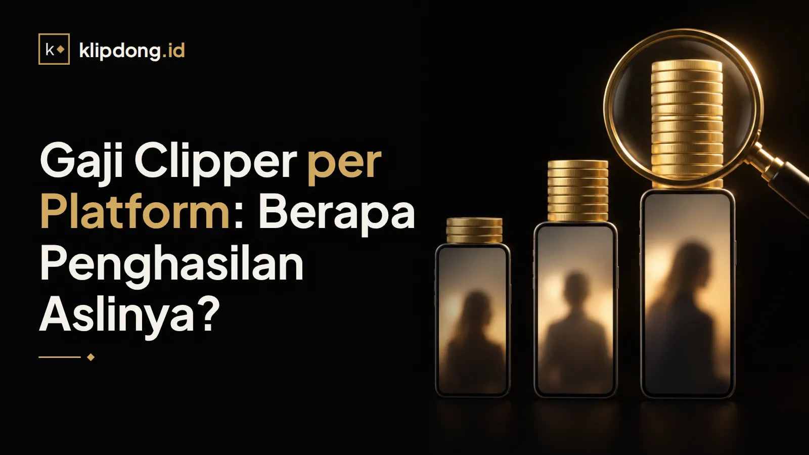 Tiga ponsel berjajar dengan tumpukan koin emas berbeda tinggi di atasnya, satu tumpukan disorot kaca pembesar