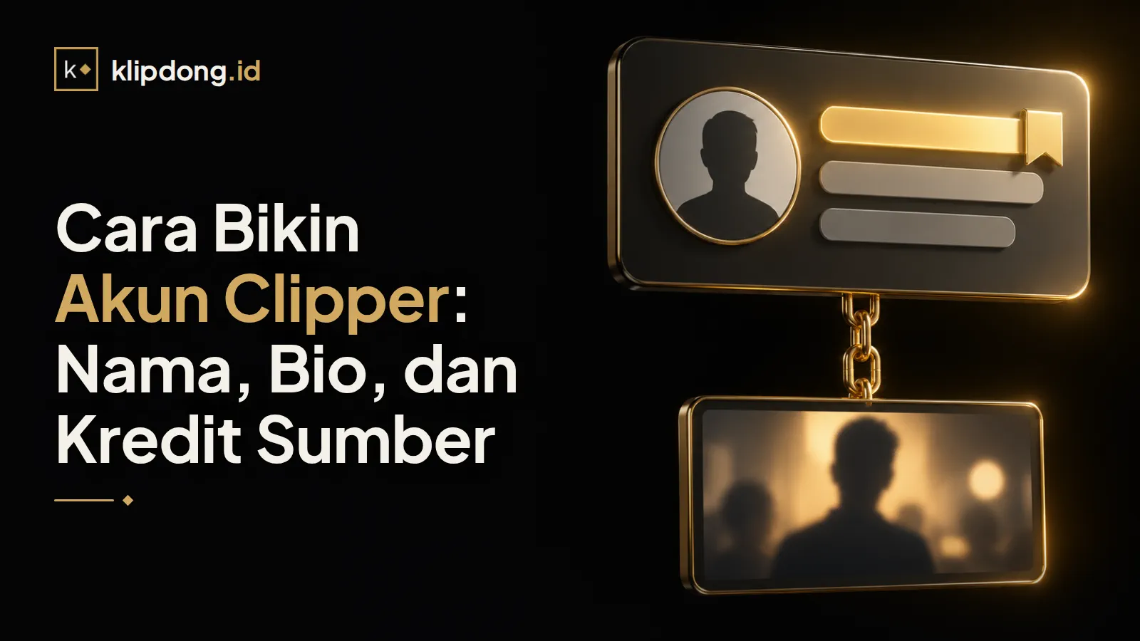 Kartu profil dengan avatar generik dan tiga balok bio, satu menyala emas, tersambung rantai emas ke layar video sumber