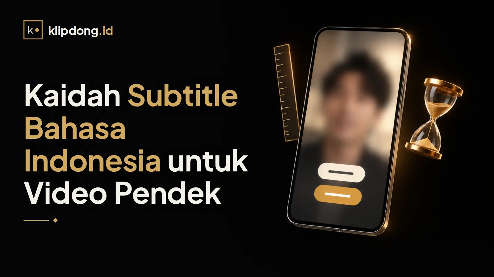 Ponsel menampilkan video orang berbicara dengan dua balok subtitle bercahaya di bawahnya, ditemani penggaris dan jam pasir emas