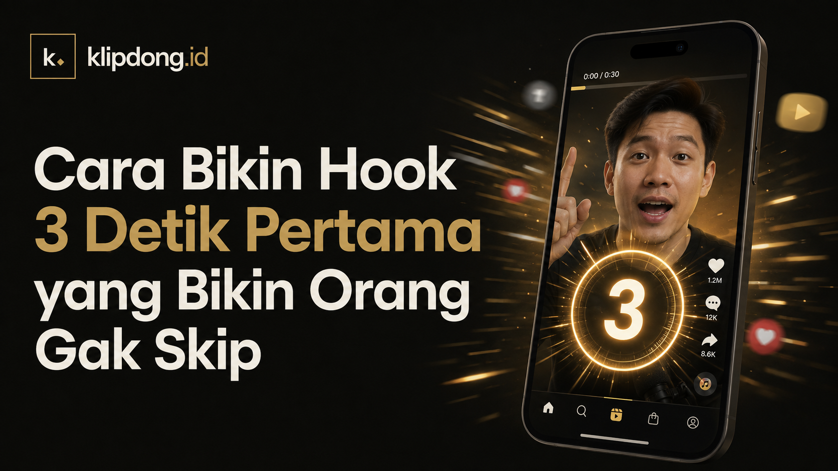 Ilustrasi video TikTok dengan hitungan mundur 3 detik di layar ponsel, menggambarkan hook pembuka video pendek