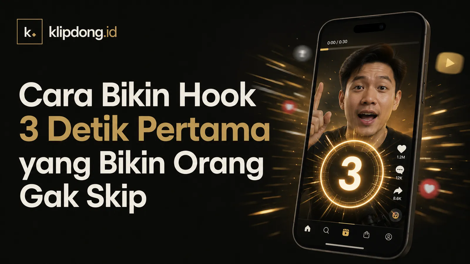 Ilustrasi video TikTok dengan hitungan mundur 3 detik di layar ponsel, menggambarkan hook pembuka video pendek